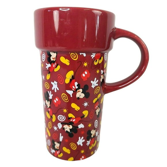 The Disney Store Mickey Mouse Maroon All Over Coffee Mug Tea Cup Tall 6'' - Picture 3 of 6